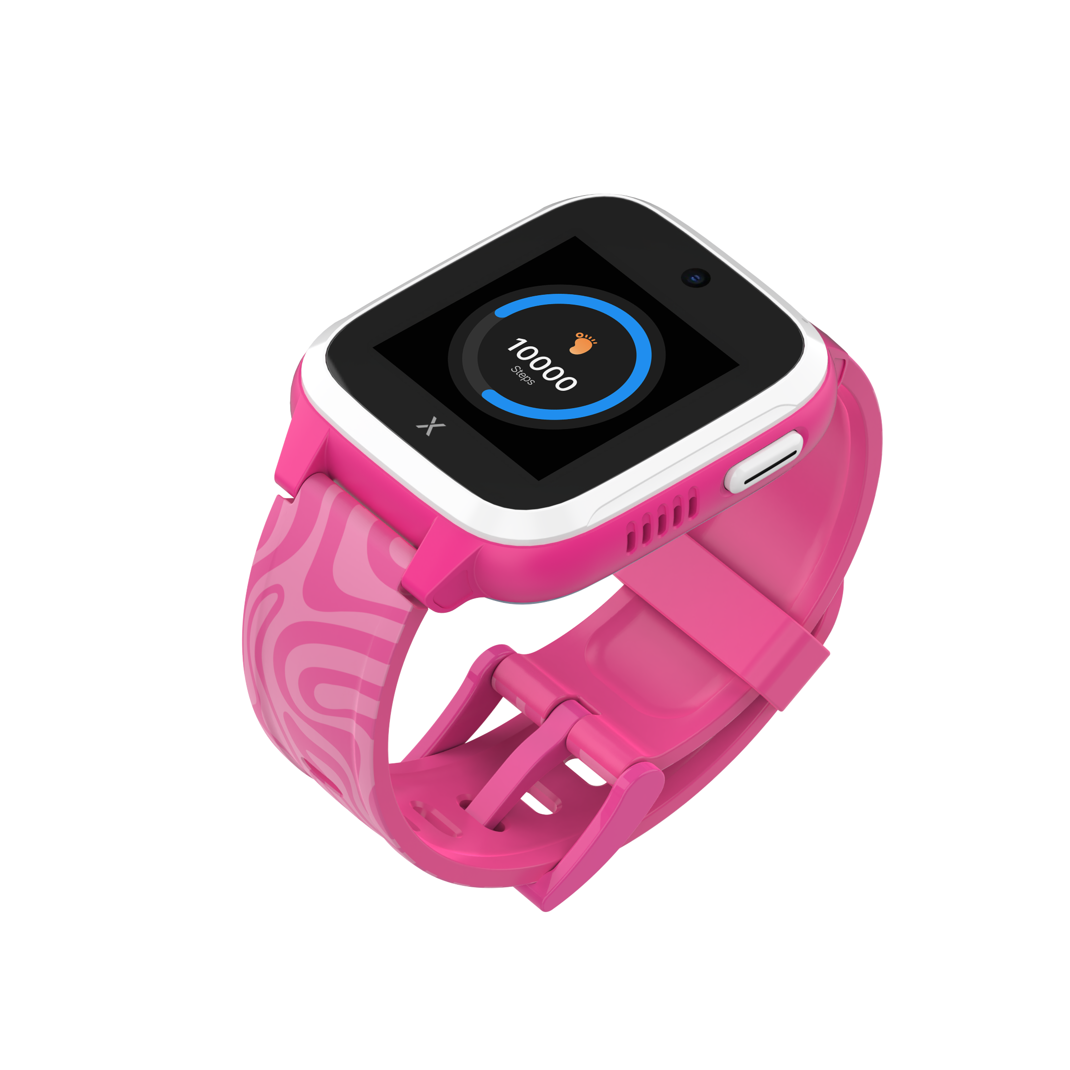 A pink Xplora XGO3 smartwatch tilted at an angle, displaying the step counter feature on its screen with a progress circle showing 10,000 steps.