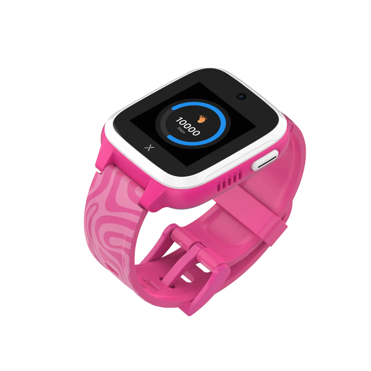 A pink Xplora XGO3 smartwatch tilted at an angle, displaying the step counter feature on its screen with a progress circle showing 10,000 steps.