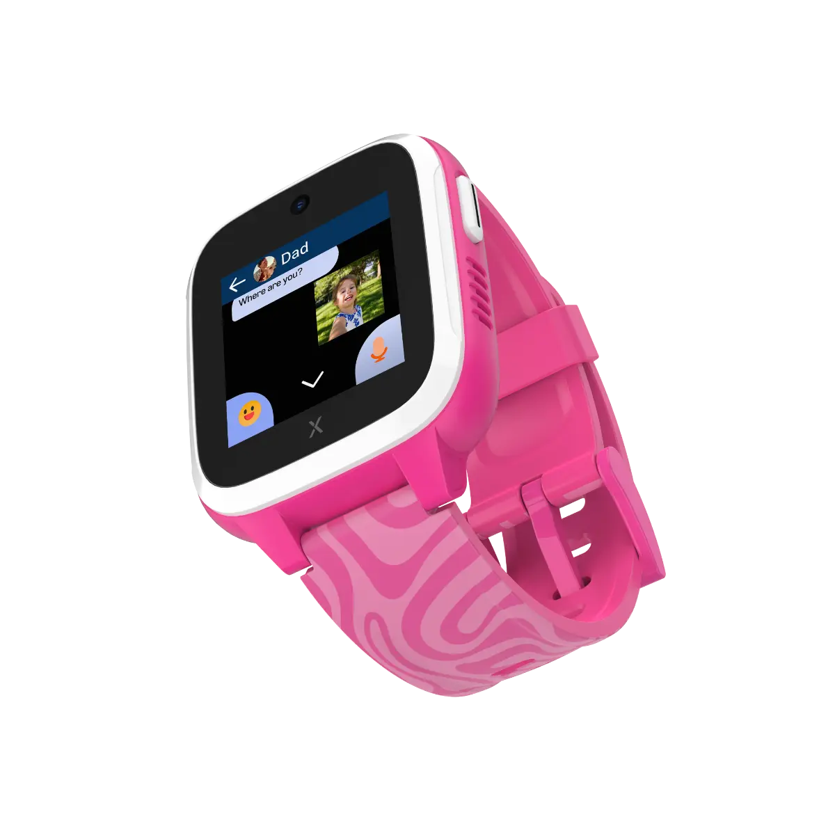 A pink Xplora XGO3 smartwatch tilted to the side, displaying a messaging screen with a conversation between a child and 'Dad,' featuring a photo and emoji buttons.