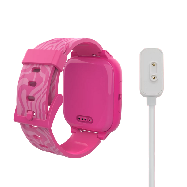 Xplora XGO3 Gen 2 smartwatch with POGO charging cable, displayed on a light background. The smartwatch has a sleek, durable design with a vibrant screen, child-friendly interface, and secure magnetic charging connection.