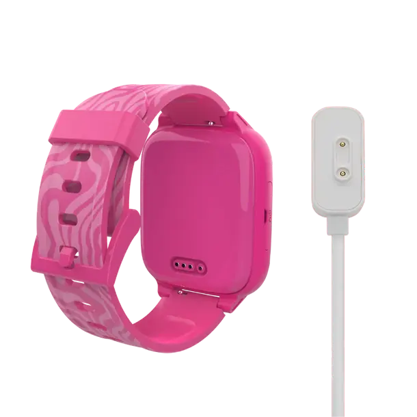 Xplora XGO3 Gen 2 smartwatch with POGO charging cable, displayed on a light background. The smartwatch has a sleek, durable design with a vibrant screen, child-friendly interface, and secure magnetic charging connection.