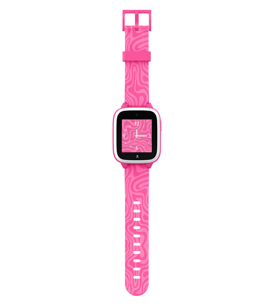 Pink smartwatch with a zebra-patterned band and an analogue-style clock face, combining fun design and functional features for kids.