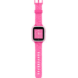 Pink smartwatch with a zebra-patterned band and an analogue-style clock face, combining fun design and functional features for kids.