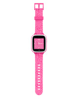 Pink smartwatch with a zebra-patterned band and an analogue-style clock face, combining fun design and functional features for kids.