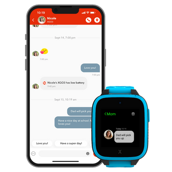 Mom texting her child through the parents guardian app connected to the kids smartwatch