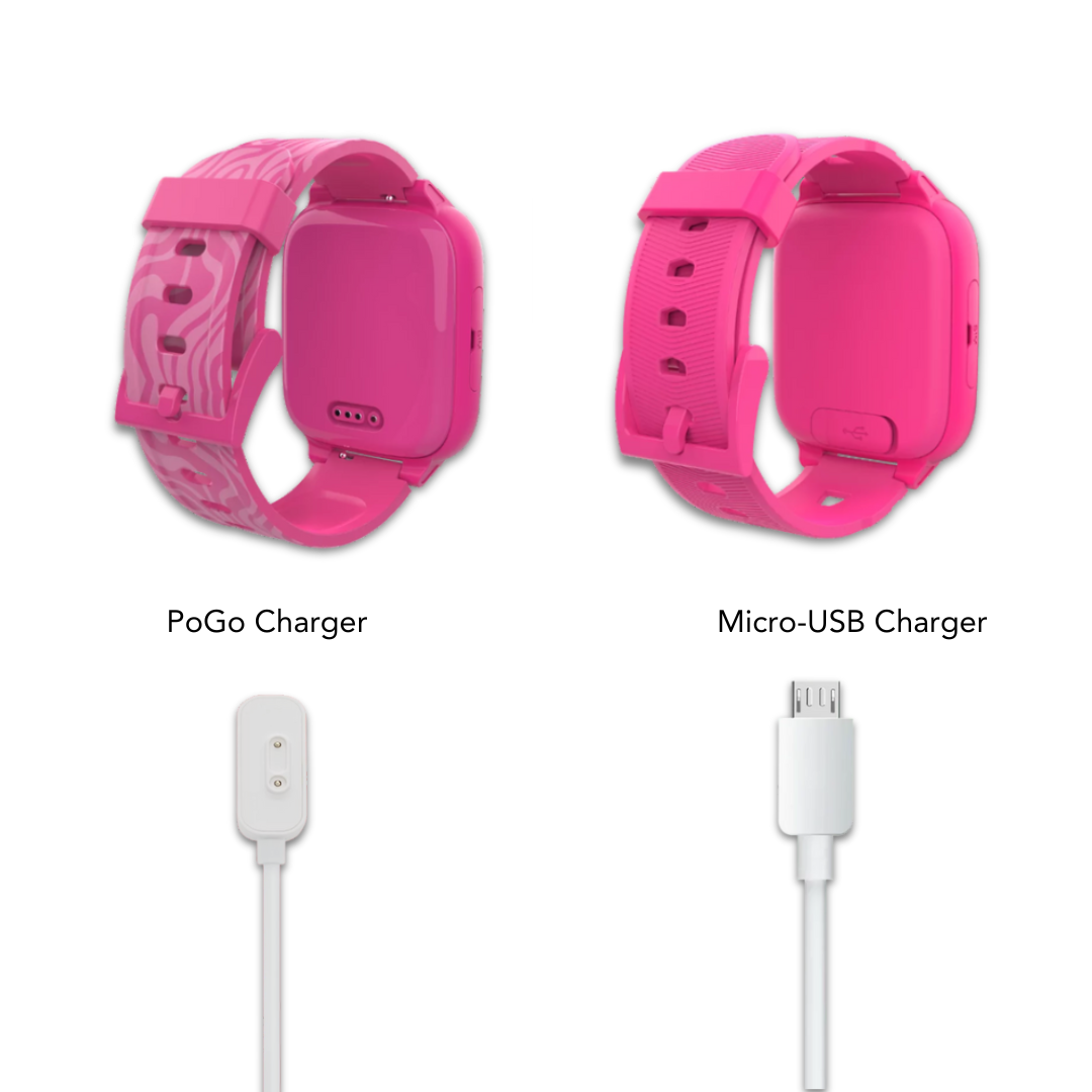 Two pink smartwatches showing different charging options: PoGo charger on the left and Micro-USB charger on the right.