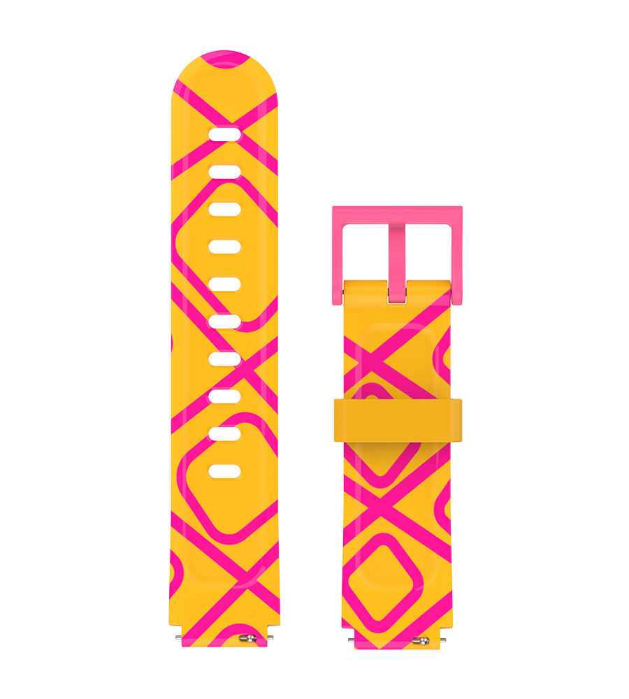 Yellow smartwatch strap with a bold pink geometric pattern, inspired by giraffe prints for a bright and playful look.