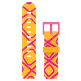 Yellow smartwatch strap with a bold pink geometric pattern, inspired by giraffe prints for a bright and playful look.