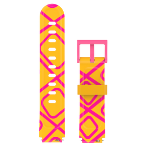 Yellow smartwatch strap with a bold pink geometric pattern, inspired by giraffe prints for a bright and playful look.