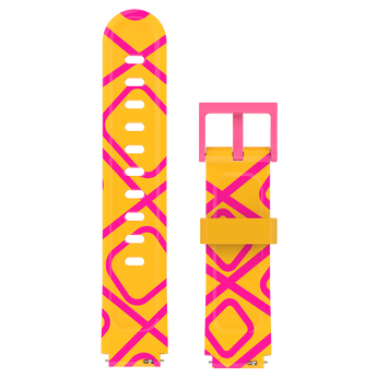Yellow smartwatch strap with a bold pink geometric pattern, inspired by giraffe prints for a bright and playful look.