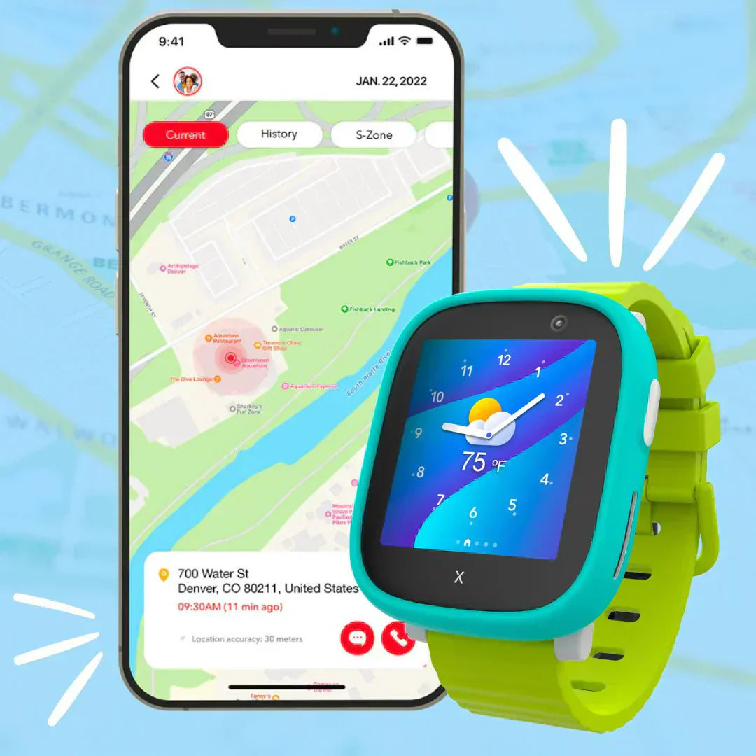 A turquoise and lime green Xplora smartwatch displaying the time and weather, positioned in front of a smartphone screen showing a GPS tracking app with a child's location on a map.