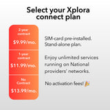 A pricing chart for Xplora Connect plans, offering different contract options: a 2-year plan at $9.99/month, a 1-year plan at $11.99/month, and a no-contract option at $13.99/month. The text mentions a pre-installed SIM card and no activation fees.