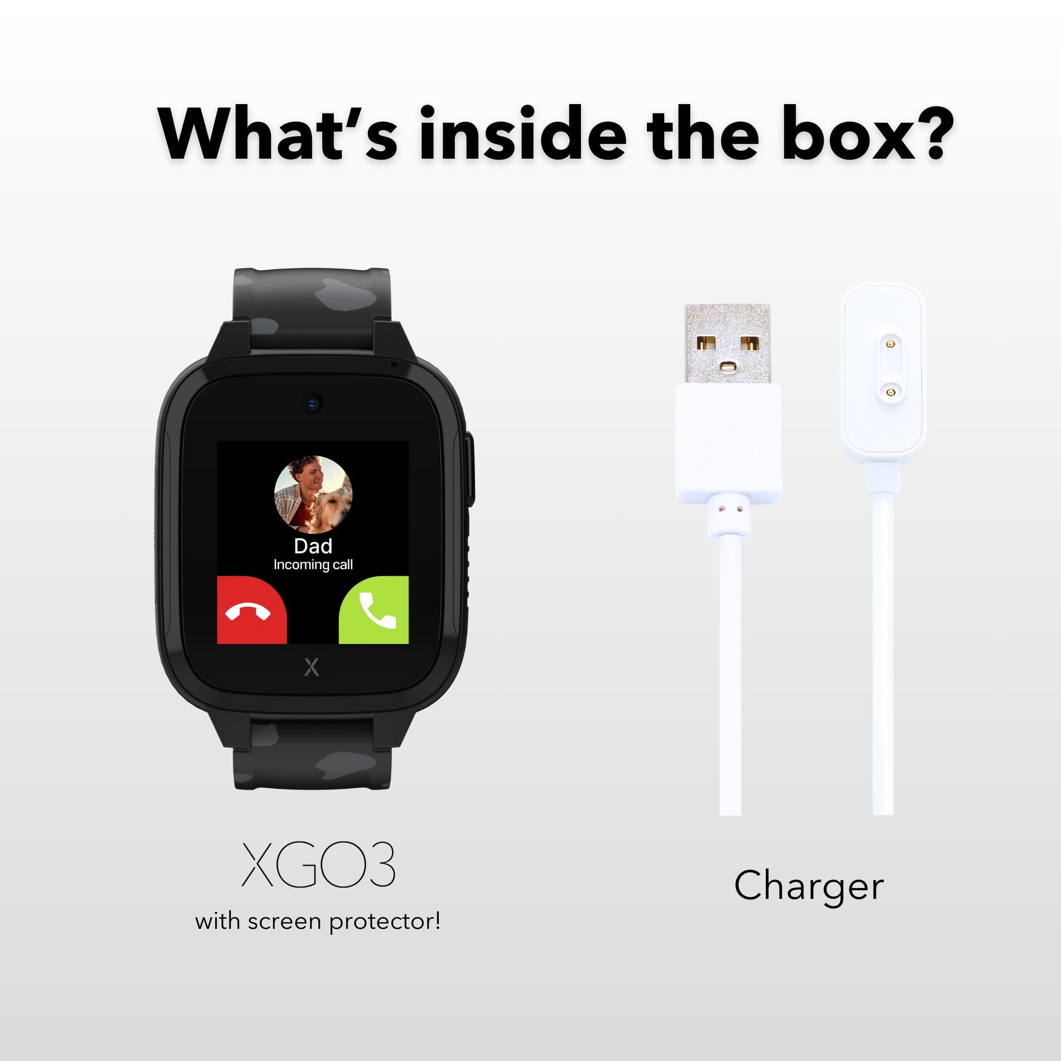 An Xplora XGO3 smartwatch with a black band displayed next to its charger. The smartwatch screen shows an incoming call from 'Dad.' Text above asks, 'What’s inside the box?