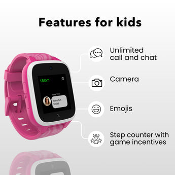 A pink Xplora XGO3 smartwatch displaying a text message from 'Mom' on the screen. The image highlights features such as unlimited calls and chat, a camera, emojis, and a step counter with game incentives.